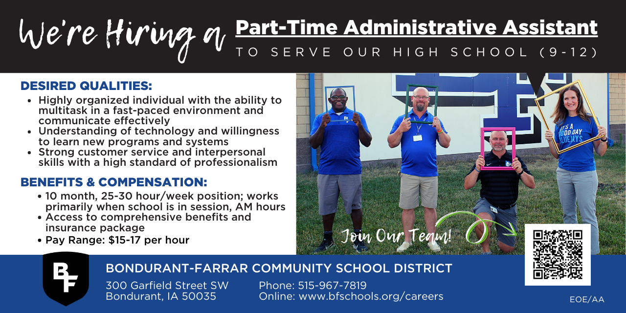 we're hiring a part-time administrative assistant at the high school, apply today